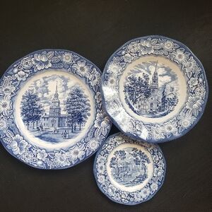 Liberty Blue 3pc Place Setting Staffordshire Ironstone Colonial Scenes Set